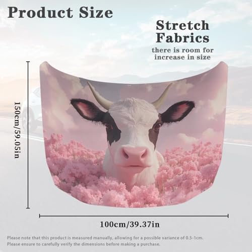 Image of Pink Flower Cow Print Car Hood Cover, Stretch Fabric Car Hood Protector Washable Universal Auto Exterior Accessorie for Sedans SUV Pickup Trucks Van