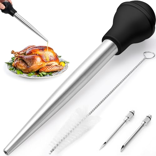 Rainspire Upgraded Large Stainless Steel Turkey Baster for Cooking With 2 Detachable Needles and Cleaning Brush Premium Baster Tool for Cooking Dishwasher Safe Home Baking Kitchen Tool, Black