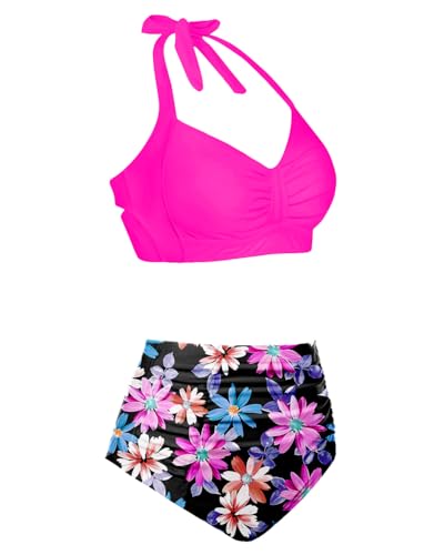 Image of Holipick Women High Waisted Bikini Set Two Piece Swimsuit Tummy Control Bathing Suit Vintage Halter Swimwear