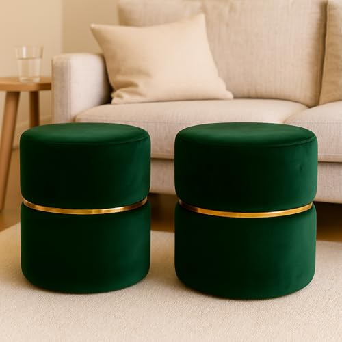 Image of Wooden Puffy Stool for Living Room Round Footstool - Ottoman Stool for Living Room Furniture Round Ottoman - Sitting Pouffe Ottoman Stool /Room Dcor /Office Stool - (Set of 2 Green)