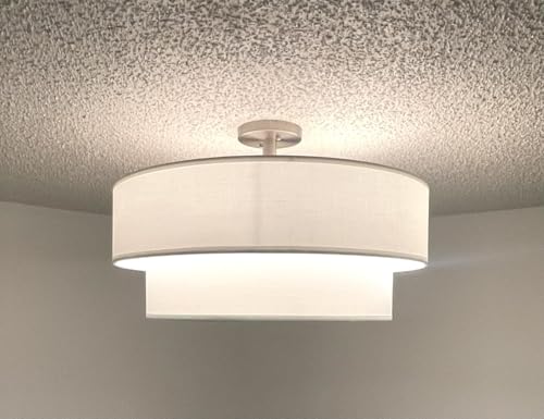 5 Light Off White Double Drum Fabric Shade Semi Flush Mount Ceiling Light,Close to Ceiling Light Fixture Brushed Nickel Finish,24 inch Semi Flush Drum Light for Bedroom,Living Room,Dining Room Hallway by Doraimi Lighting - Used condition - Image 2