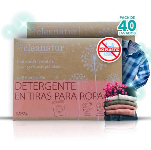 Cleanatur Detergente en Tiras para Lavadora (40 Lavados) - Efecto Suavizante, Ecológico - Hipoalergénico, Vegano - Ropa limpia y suave sin ensuciar el Planeta (20Uds, Floral)