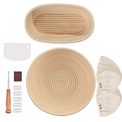 Bread Proofing Basket Set for Bread Baking- Round Proofing Basket 10'' & Oval Banneton 10'', Linen Cloth Liner, Bread Scoring Lame &Blades, Dough Bench Scraper