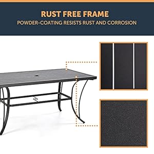 HAPPATIO Patio Dining Table for 6, Metal Steel Slat Patio Dining Table with Umbrella Hole Dia 2", Black Brown (60" x 35" x 28.5") HAPPATIO Patio Dining Table for 6 Metal Steel Slat Patio Dining Table with Umbrella Hole Dia 2 Black Brown 60 x 35 x 285
