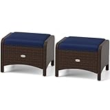 RELAX4LIFE Wicker Outdoor Ottomans for Patio - Set of 2 Rattan Footstools w/Removable Cushions, Multipurpose Outside Foot Rest, Side Table & Additional Seating for Porch Garden Backyard (Navy)