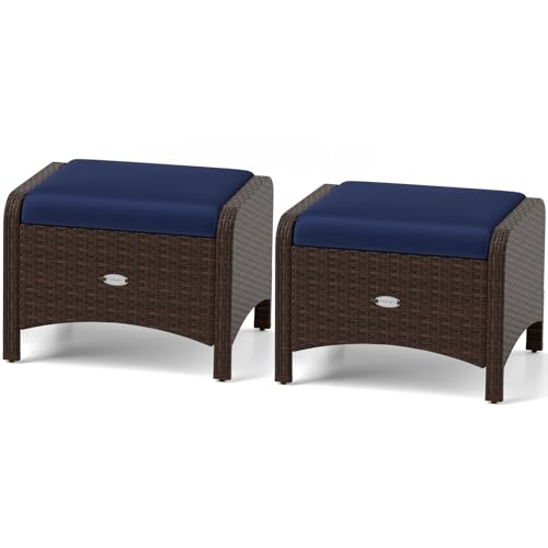 RELAX4LIFE Wicker Outdoor Ottomans for Patio - Set of 2 Rattan Footstools w-Removable Cushions, Multipurpose Outside Foot Rest, Side Table & Additional Seating for Porch Garden Backyard (Navy)
