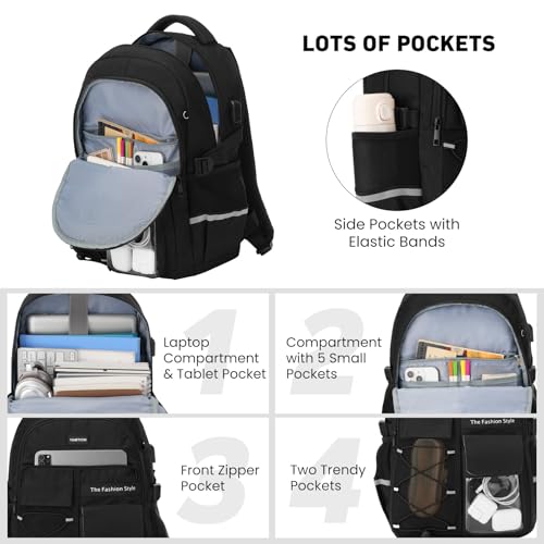 Miniatura 4 de Yamtion Mochila Para La Escuela, Adolescentes, Mochila Para Hombres Y Mujeres, Mochila Universitaria Con Puerto De Carga Usb, Mochila De Viaje Para Laptop Para Trabajo De Escuela Negro, 15.6inches