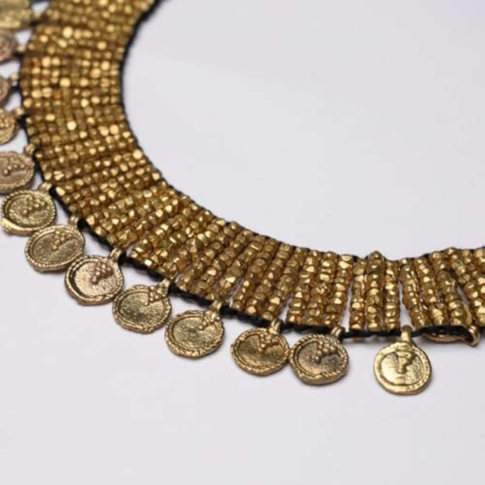 Vintage Brass Coin Necklace, Handwoven Design