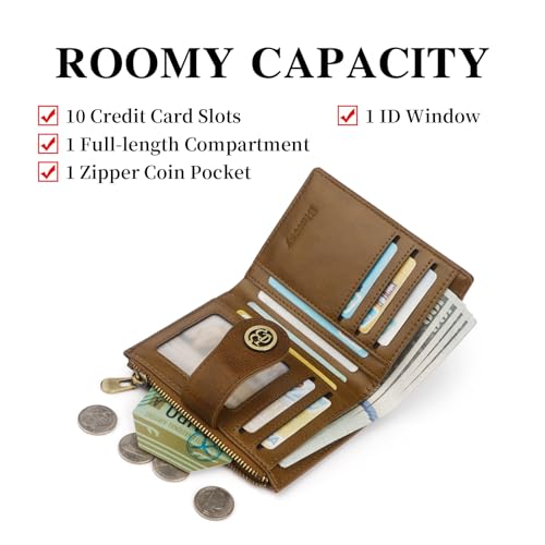 Image of Leather Wallet Women,RFID Blocking Small Wallet for Women Bifold Compact Slim Wallet Card Holder With Zipper Coin Pocket(khaki)