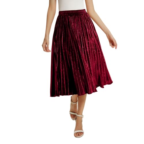 ZHANCHTONG Women's High Elastic Waist Velvet A Line Pleated Swing Midi Skirt (Red,L)
