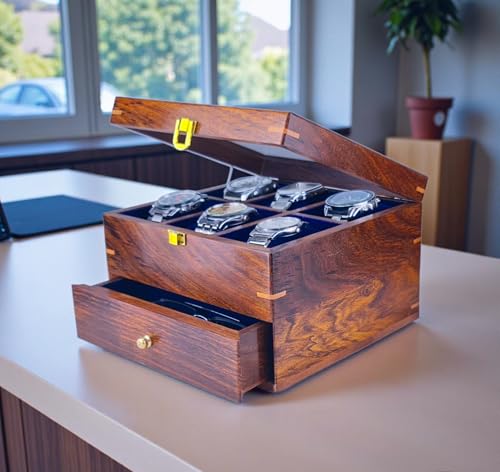Image of Luxury Wooden Watch Display Box with Glass Top, 6-Slot Storage Case with Accessories Drawer, Dark Brown