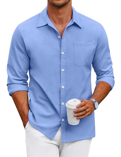 COOFANDY Camisa de Hombre Camisas Informales de Manga Larga Camisa de Verano Camisas de Negocios Camisa de Playa Slim Fit Azul M