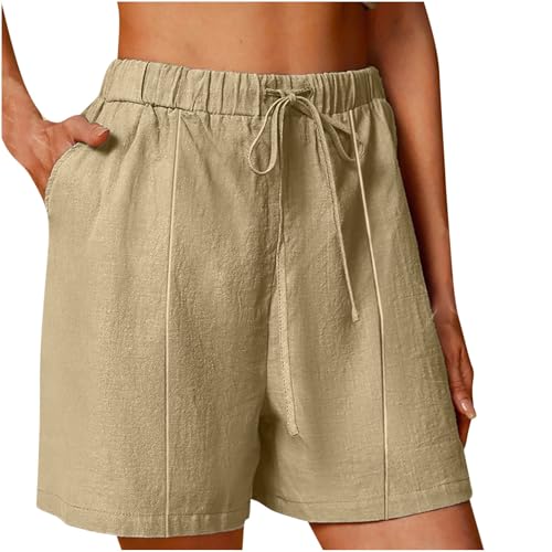 Cotton Linen Shorts for Women Plus Size 2025 Casual Elastic High Waist Drawstring Athletic Pants Summer Beach Shorts(Khaki,Large)