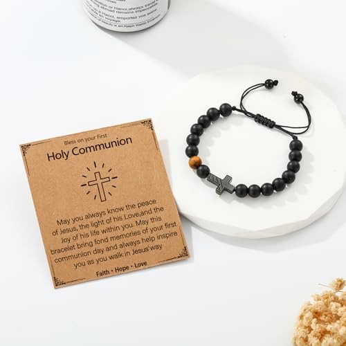 Image of P. BLAKE Cross Bracelet for Boys Men, American Flag Cross Natural Beads Bracelet Christian Religious Birthday Jewelry Gifts for Teen Boys