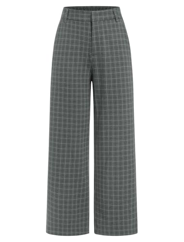 ZAFUL Womens Suit Pants Casual Plaid Elastic High Waist Wide Leg Stright Regular Fit Palazzo Dressy Trousers Pant with Pockets(1-Grey XS)