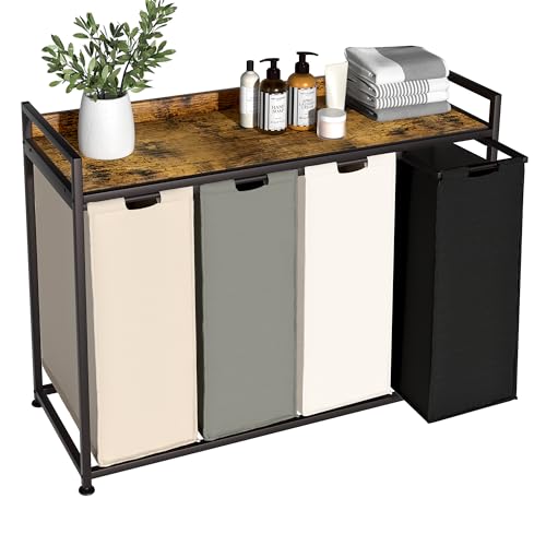 Laundry Hamper with Shelf, Laundry Basket 4 Section, Laundry Sort...