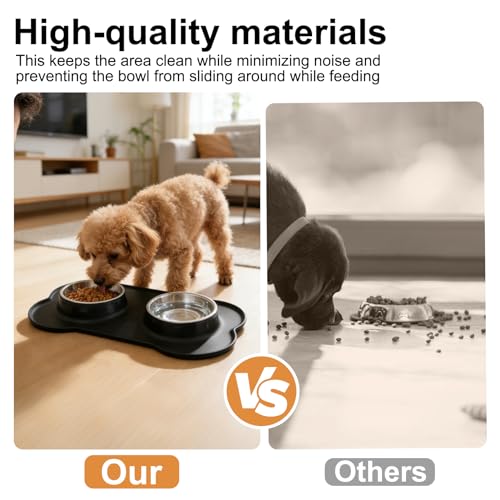 Futternapf Hunde Katzen, Fressnapf Hundenapf Kleine Hunde Napfset, Edelstahl Katzenapf Wassernapf Hund mit Nicht Kleckern, mit 1 Hundenapf Unterlage Rutschfest Silikon Tablett Matte( S 36 x 21 cm)