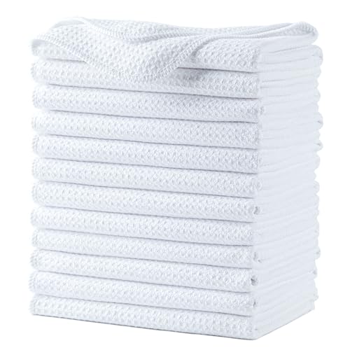 POLYTE Premium Microfiber Kitchen Dish Hand Towel Waffle Weave 12 Pack (16x28 in, White)