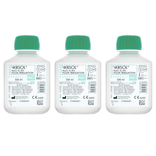 VERSOL NaCl 0,9 % - 3 x 500 ml de solution saline isotonique - Solution stérile douce pour le rinçage nasal, le nettoyage des plaies et les soins quotidiens - pH neutre et doux pour la peau - Ensemble