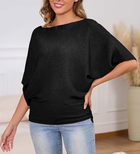 Image of MAKARTHY Womens Batwing Sleeves Knitted Dolman Pullovers Boat Neck Tops Sweatershirts