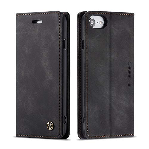 QLTYPRI Hülle für iPhone 7 8 iPhone SE 2020, Vintage Dünne Handyhülle mit Kartenfach Geld Slot Ständer PU Ledertasche TPU Bumper Flip Schutzhülle Kompatibel mit iPhone 7 8 SE 2020 - Schwarz