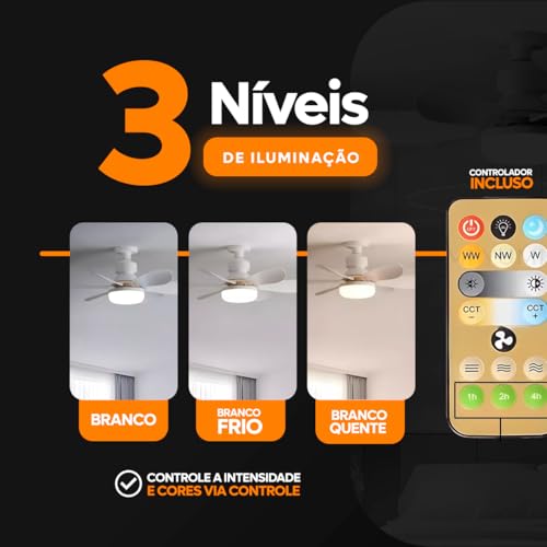 Lâmpada Ventilador De Teto, 3 Tom De Luzes, 6 Hélices, Controle Remoto, Bivolt, Silencioso Eficiente