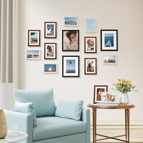 Image of Vittanly 15 Pack Picture Frames Collage Wall Decor, Multi Sizes Including 3pcs 8x10, 6pcs 5x7 and 6pcs 4x6 Photo Frames, Gallery Frame Set for Wall or Tabletop Display, Black, Walnut Brown and White