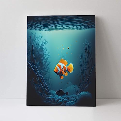 Funny Bathroom Wall Art , Lonely Tropical Fish Pictures Wall Decor, Modern Orange And White Animal Bedroom,Dining Room Wall Posters, Cute Canvas Bathroom Art Wall Prints For Kids (12X16 Inch, Framed) #TOP1
