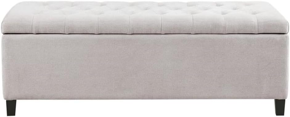 Pemberly Row Solid Wood and Polyester Storage Bench, Natural/Black Finish, 50.3" W x 19.29" D x 18.8" H, Button Tufted Upholstery, Espresso Legs, Foam Cushion, Bedroom or Living Room Accent Furniture