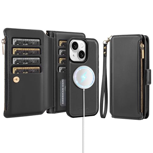Antsturdy Compatible with Magsafe Magnetic 2 in 1 Detachable iPhone 15 Wallet Case with Credit Card Holder Slots,PU Leather Flip RFID Blocking Phone Cover Wrist Strap Zipper Women Men,Black