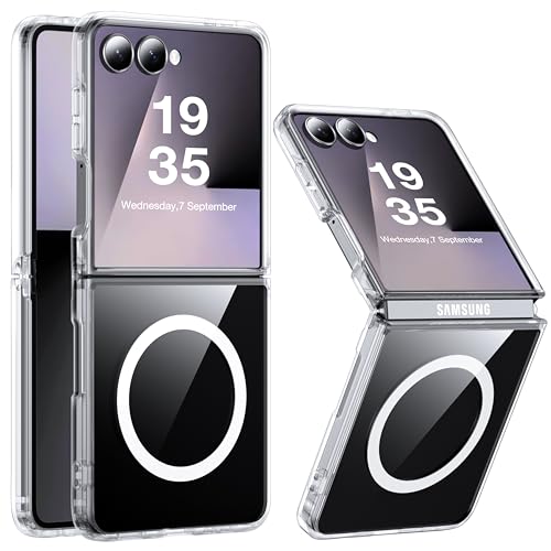 Image of Magnetic for Samsung Galaxy Z Flip 7 Case[Compatible with MagSafe][Anti-Fingerprint][Military Grade Drop Proof] Transparent Hard Back & Soft Silicone Bumper for Flip 7 Phone Case,Crystal Clear