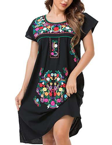Image of YZXDORWJ Women Mexican Embroidered Long Dress Ruffle Collar Maxi Boho Floral Summer Short Sleeve