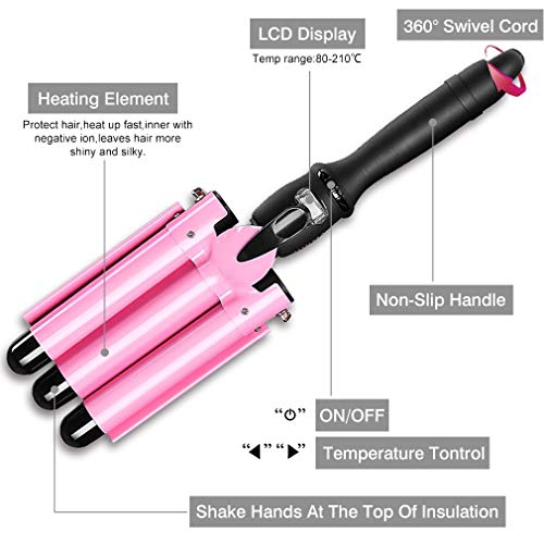 3 Barrel Hair Curling Iron,3 Barrel Hair Curler Waver,Fast Heating Triple Barrel Hair Curling Iron, Tourmaline Ceramic Waver Iron for Long Short Hair (Pink)