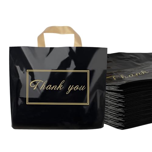 Chirpbirds Thank You Plastic Shopping Bags for Small Businesses Extra Thick Bulk Merchandise Gift Bags with Handles for Customers Party Favors, Black 50 Pack by Chirpbirds - Used condition - US$18.38