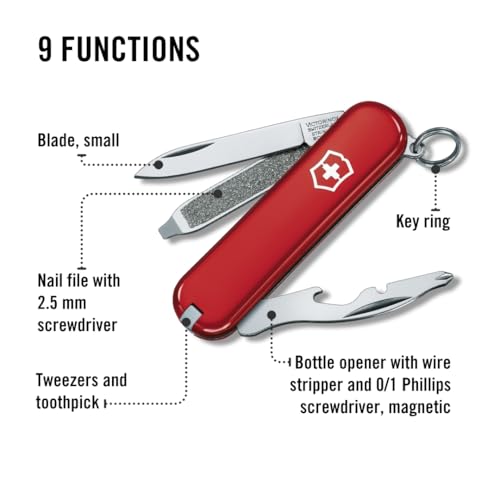 Image of Victorinox Rally Swiss Army Knife, 9-Function Pocket Knife, Multi Tool, Red | Swiss-made multitool, compact design, stainless steel tools, everyday carry