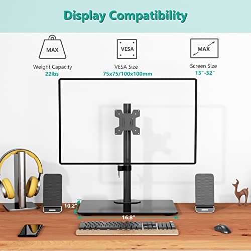 Image of Free Standing Single Monitor Stand, Height Adjustable Monitor Mount with Glass Base, Fits LCD LED Flat Curved Screen up to 32 inch, 22lbs, with Grommet Base (GMF001) by WALI