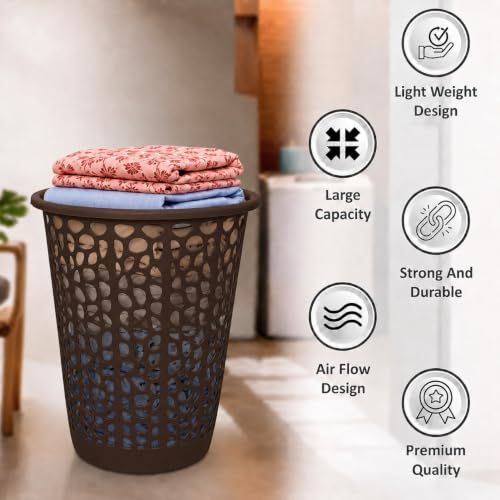 Image of KITCHIVO Plastic Large 55 Ltr Laundry Basket with Lid & Handle | Multipurpose Hamper Bins Storing Washable Clothes, Blankets | Household Ideal for Home & Bathroom (Round Brown)