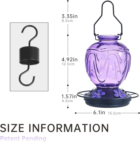 Image of 2 Pack Glass Hummingbird Feeder for Outdoors Hanging, 24Ozs Humming Bird Nectar Feeder w /Perch, 5 Flower Feeding Ports, Leak Proof Base and Hook for Outside Garden Backyard Decor, Purple
