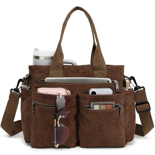 Corduroy Tote Bag for Women, 10 Pockets Large Travel Crossbody Messenger Bag with Adjustable Strap, Lightweight Top Handle Laptop Work Shoulder Bags, Deep Size Purse for College, Travel, Daily