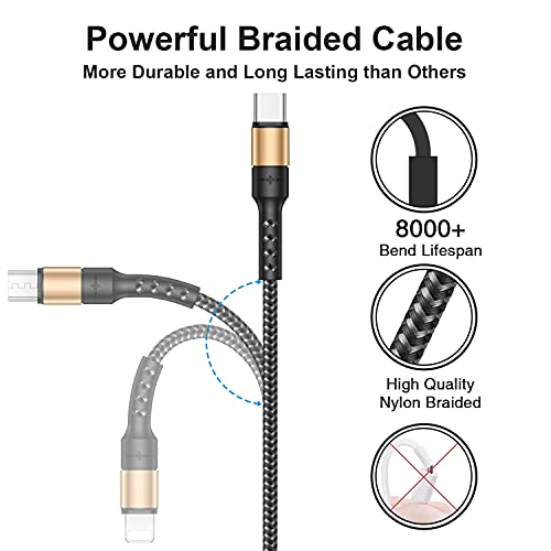 RAVIAD Multi Charger Cable, 3 in 1 Charger Cable [1.2M] Multiple USB Cable Nylon Braided with Micro USB Type C Lightning Cable Connector for iPhone, Android Samsung Galaxy, Huawei, Oneplus, LG