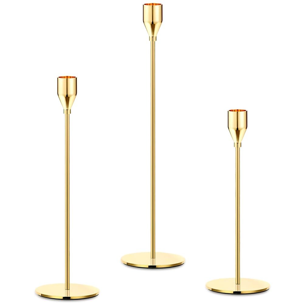 Mivitoom Imitation Gold 3 Pcs Candle Candlestick Holders, Table Candle Holders Stands Vintage, Tapered Candle Pillar Holders For Fireplace, Living Room, Dinning Table, Wedding Ornaments Decorations