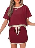 Opemiby Women's 2 Piece Sets Summer Casual Short Sleeve Tops and Matching Drawstring Skort Going Out Burgundy Lounge Outfits L