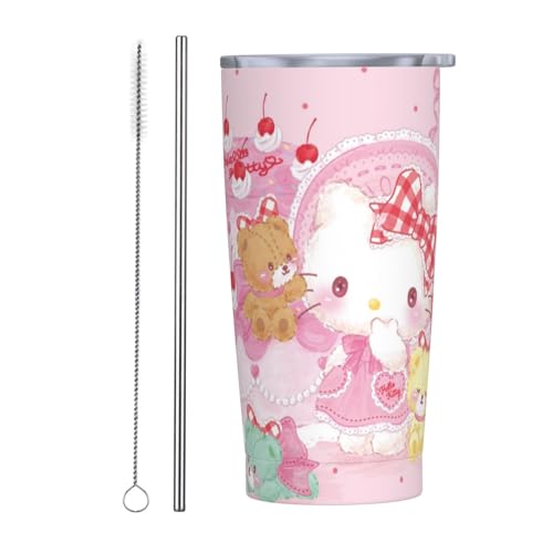ハローキティ (5) ストロー&ストローブラシ付き マグカップ コーヒーカップ 600ML コンビニカップ タンブラー ステンレス製 保冷 保温 車用 蓋付き 持ち運び 水筒 大容量 直飲み 人気 プレゼント Straw Two-Piece Set