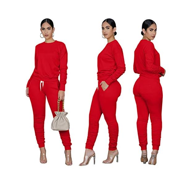 Two-Pieces-Outfits-for-Womens-Solid-Sweatsuit-Long-Sleeve-Tights-Long-Pants-Sport-Suits-Tracksuits Sweatsuits Set Womens 2 Pieces Outfit for Sportswear Tracksuits Long Sleeve Pullover Drawstring Sweatpants With Pocket (Red,S)