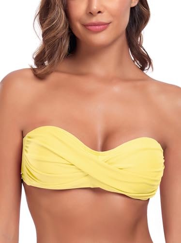 Ocean Blues Women's Lemon Yellow Swimsuit Top Bandeau Bikini Top Plus Size Ruched Bathing Suit Top Size Small
