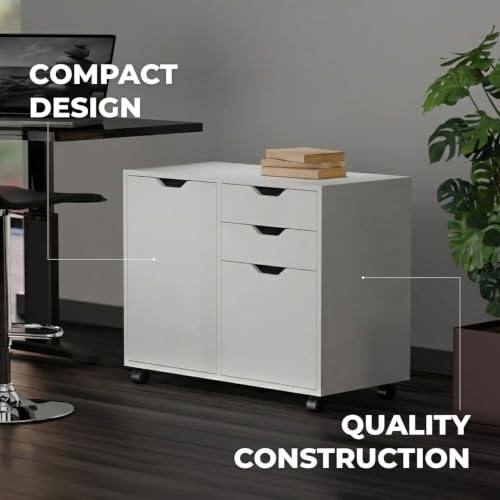 Image of Winsome Halifax Mobile Storage Cabinet with 1 Large Door & 3 Drawers, White