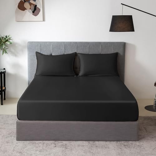 THXSILK 100% Mulberry Silk Fitted Sheet Set, 7A+ Silk 3 Pieces Bed Sheets, Breathable, Smooth, 16 Inch Deep Pocket Fitted Sheet, 2 Pillowcases - Black, King