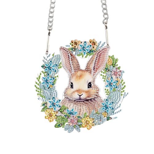 Image of AiYuanzsh Bunny Wreath Diamond Painting Hanging Kit, 5D DIY Acrylic Special Shaped Diamond Art Pendant Ornament Board for Wall, Door, or Garden Decor, Easter Diamond Art Kit for Adults