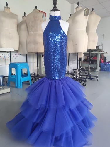 2025 Halter Mermaid Girls Pageant Dresses Prom Gowns Sparkly Sequin Tulle Little Girls Formal Party Dress ME080 Royal Blue4