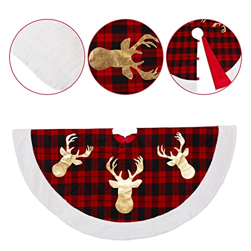 48 Inch Red Black Buffalo Plaid Christmas Tree Skirt, Large Fur Christmas Tree Skirt Decorations with Reindeer Design for Christmas Tree Indoor Home Holiday Party Decoration
